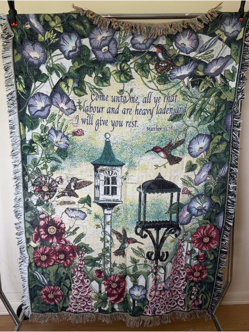 Matthew 11:28 Hummingbird Garden Woven Cotton Throw Blanket USA 54x72